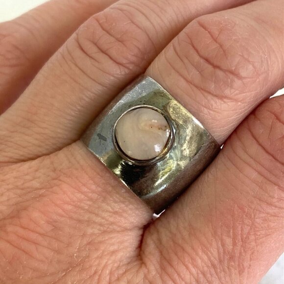 Oxidized Sterling Silver 950 Round Rose Quartz 16MM Wide Band Ring Sz 8.75 - Picture 12 of 16